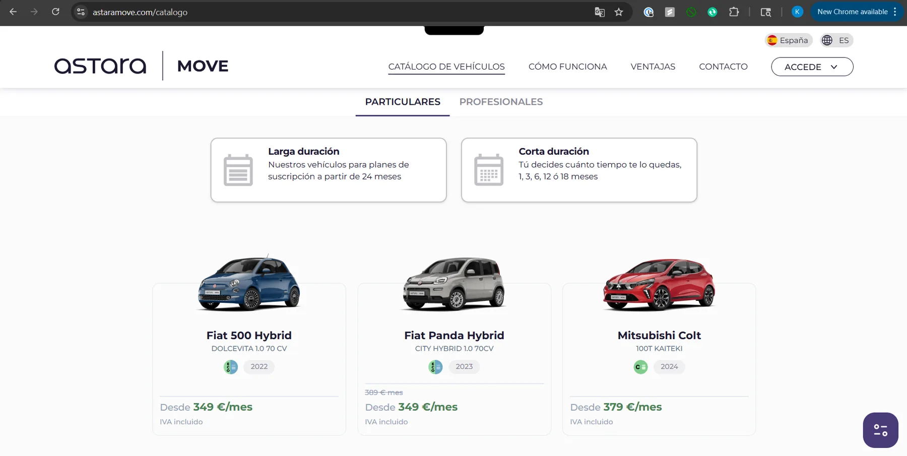 Screenshot of the Astara Move website: the car subscription platform's landing page with vehicle listings and monthly pricing