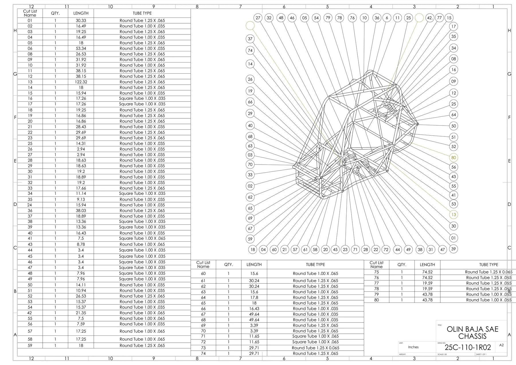 Engineering drawing of the Olin Baja SAE chassis with numbered balloons on every tube and a bill-of-materials table listing cut lengths and tube types