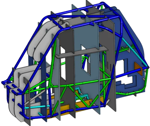 CAD model of the chassis tubes, colored blue, green and cyan, held in a set of gray laser-cut sheet welding jigs