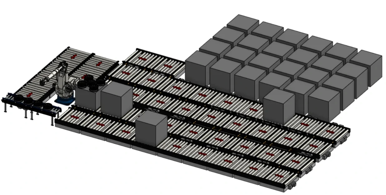 CAD model of the automated wheel-rim loading cell: robotic arm, pallet conveyors and operator booth