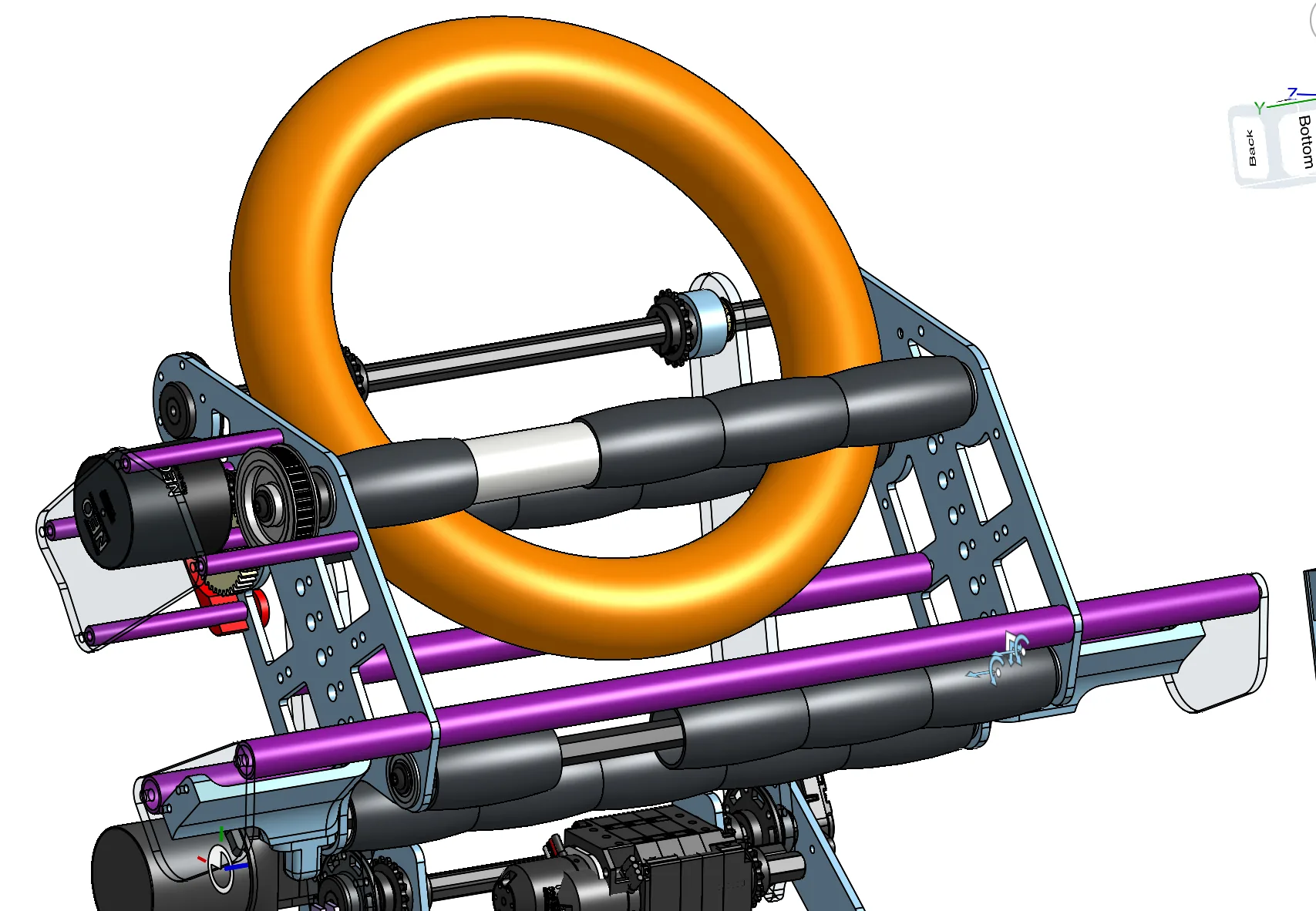 CAD render of the 2024 intake with purple rollers and a virtual four-bar linkage holding an orange note