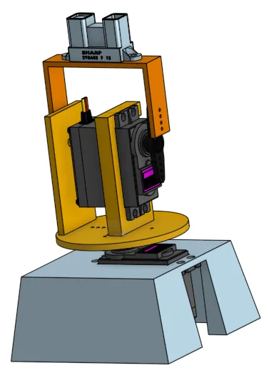 CAD render of the full scanner assembly: a gray base block, a servo on top spinning a round platform, and an orange bracket holding a second servo and the Sharp IR sensor