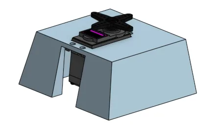 CAD render of the gray base block with the pan servo and its cross horn mounted on top