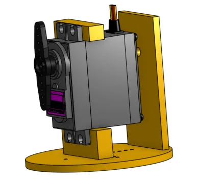 CAD render of the round spinning platform with the tilt servo mounted vertically in an orange bracket
