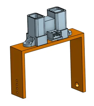 CAD render of the orange U-shaped sensor mount holding the Sharp IR distance sensor