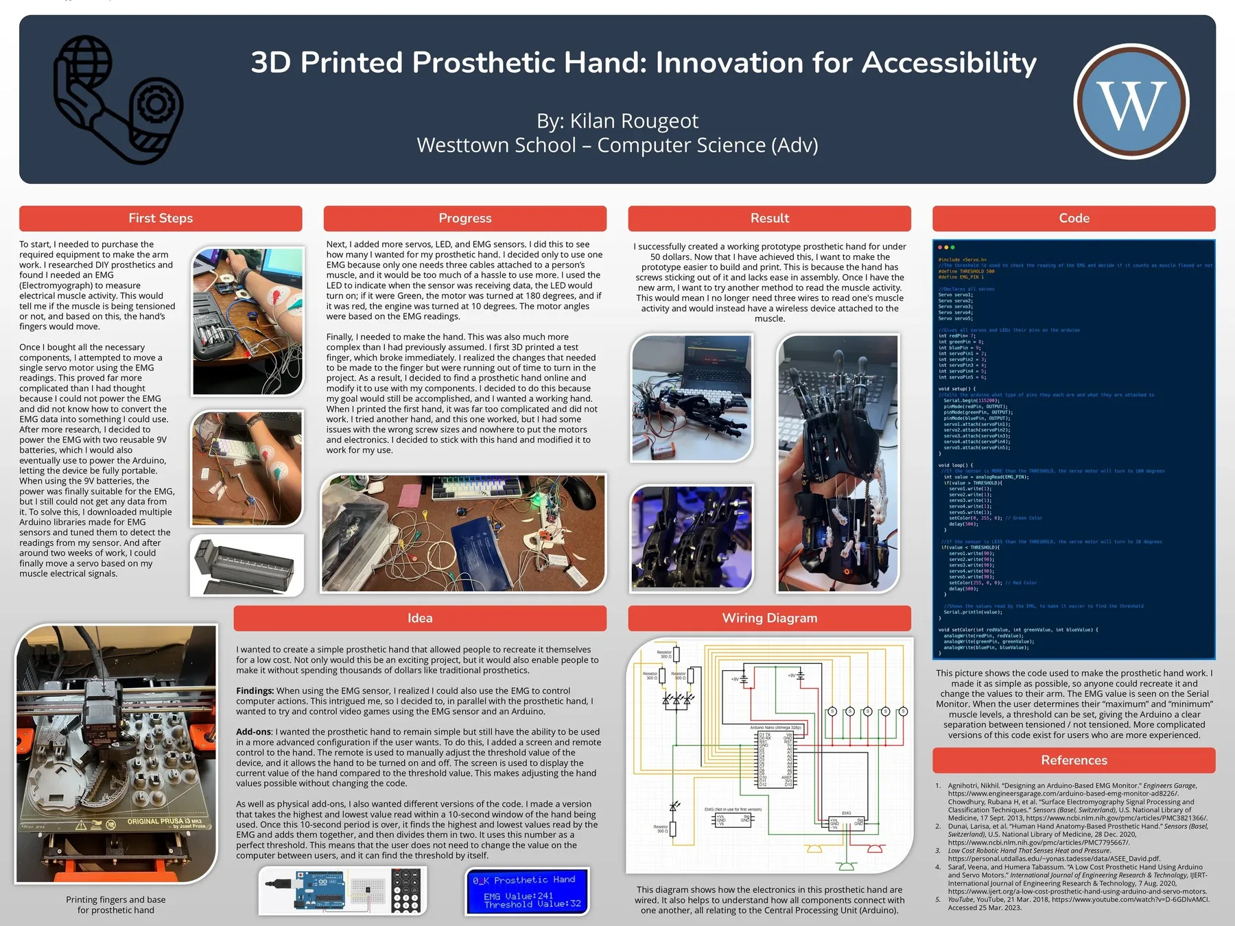 Project poster for the 3D printed prosthetic hand: photos of EMG electrodes on a forearm, the Arduino and servo test bench, fingers printing on an Original Prusa i3 MK3, the assembled black hand, the Arduino code, and the wiring diagram