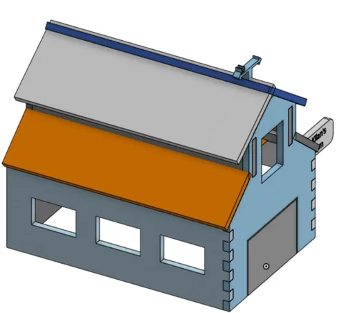CAD render of the barn from the front-left showing the orange lower roof, gray upper roof, windows and door