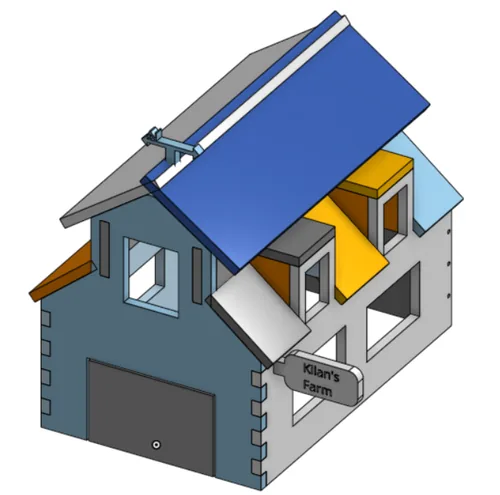 CAD render of the barn from the front-right with the dormer, weather vane and 'Kilan's Farm' sign