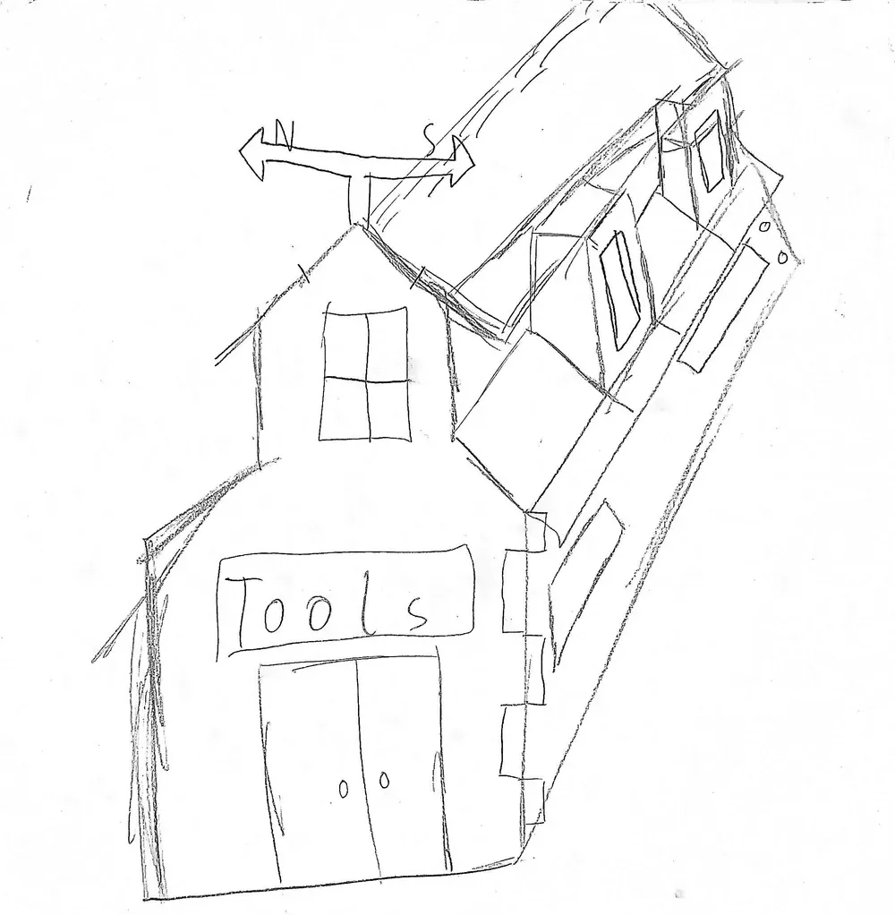 Pencil sketch of the barn with a weather vane, dormer window and a 'Tools' sign above the double doors