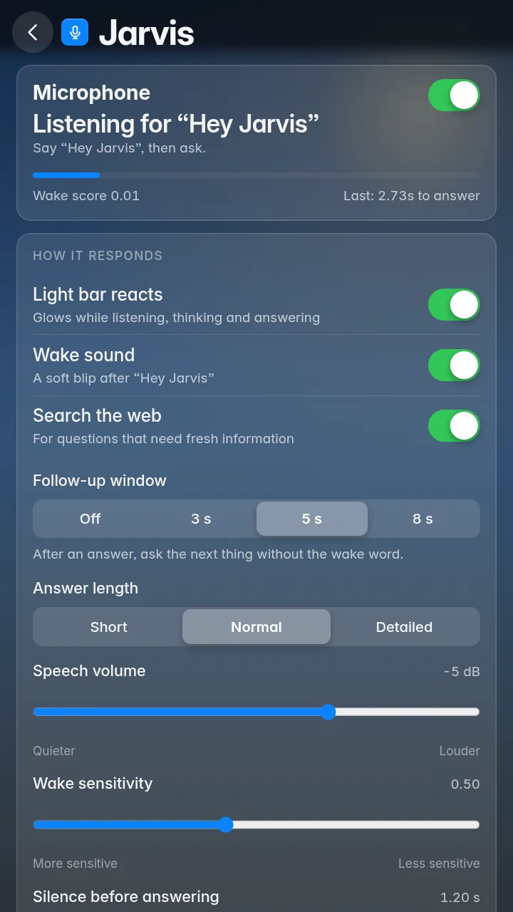 HomeDeck Jarvis settings: microphone toggle, wake score, light bar reaction, wake sound, web search, follow-up window, answer length, speech volume and wake sensitivity