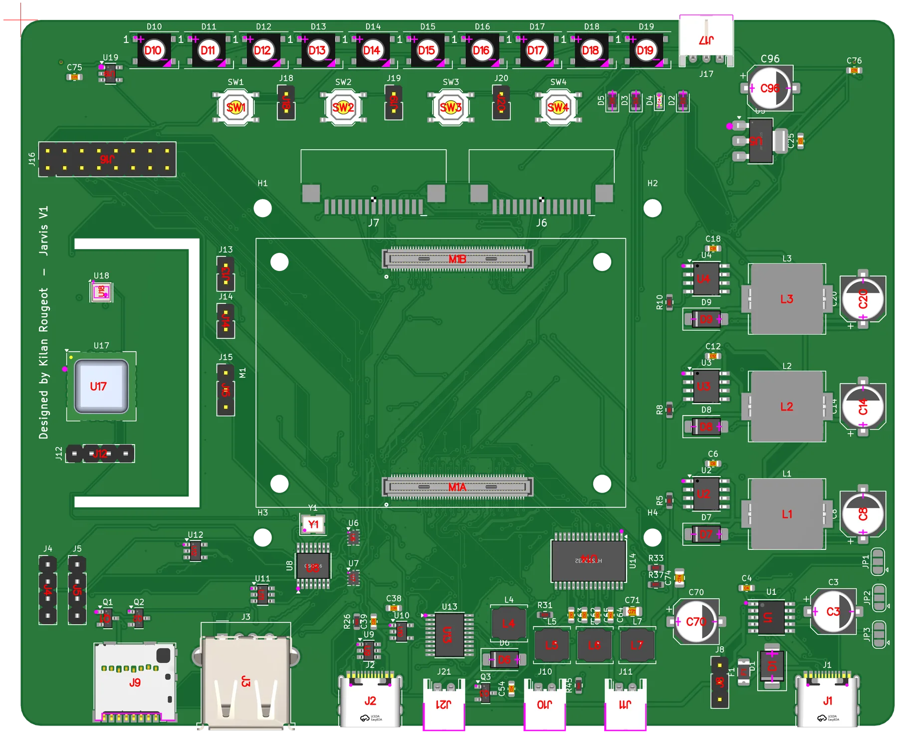 JLCPCB assembly preview of the HomeDeck board with every placed part outlined on the top side