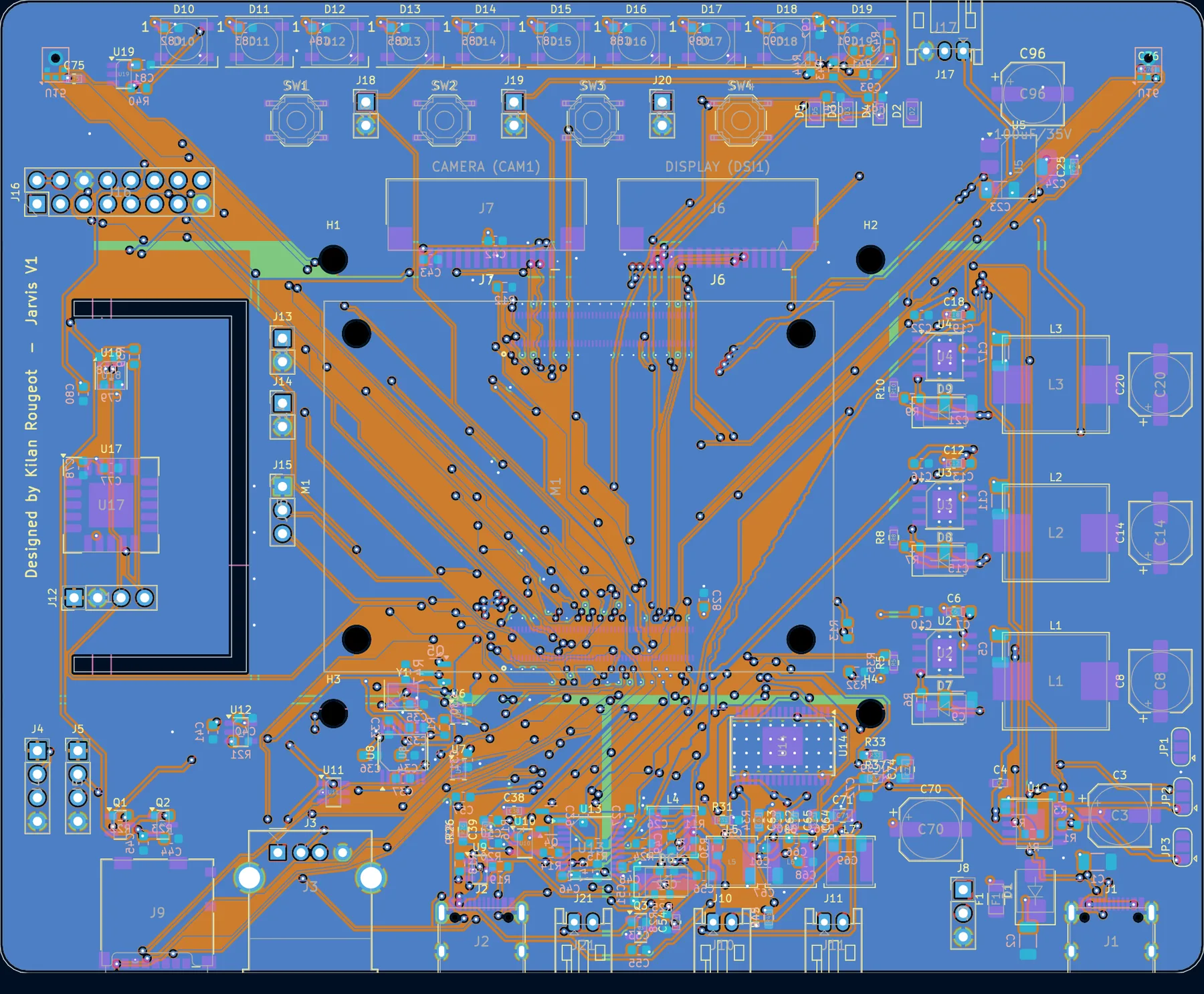 The HomeDeck board in the KiCad PCB editor with all four copper layers, silkscreen and outline visible