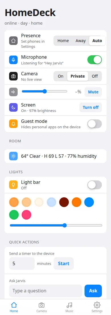 HomeDeck phone app: presence, microphone, camera, volume, screen and guest mode controls, room summary, light bar colours and quick actions