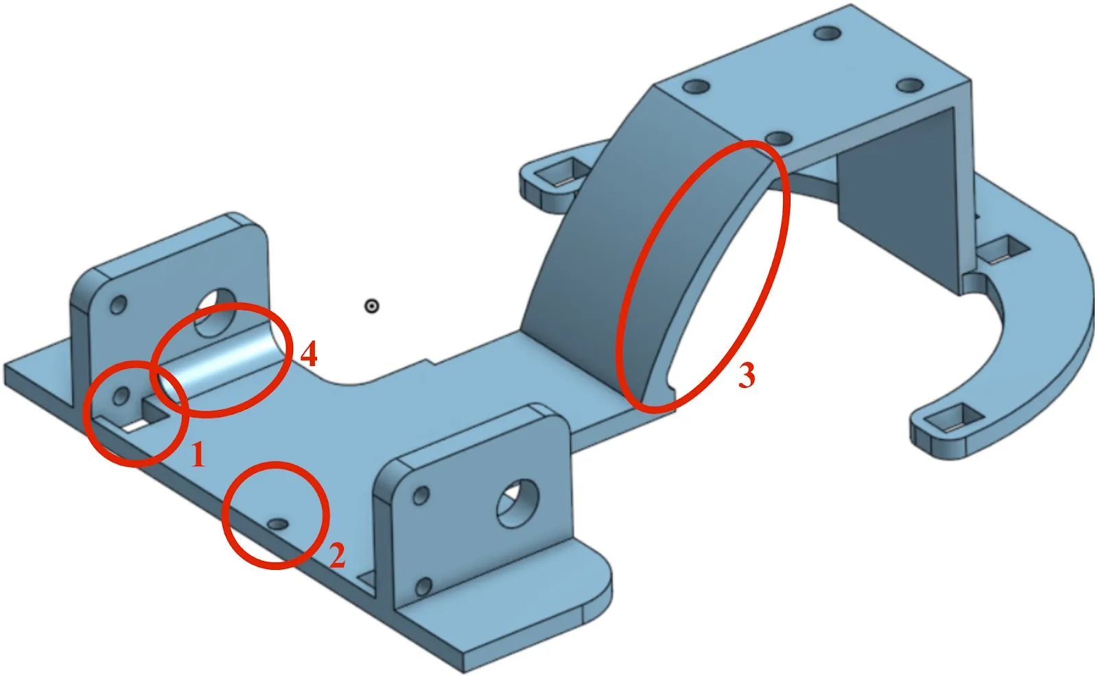 CAD render of the blue chassis with four numbered callouts: motor nut clearance hole, Arduino mounting hole, sloped caster wheel cut-out and reinforced motor mounts