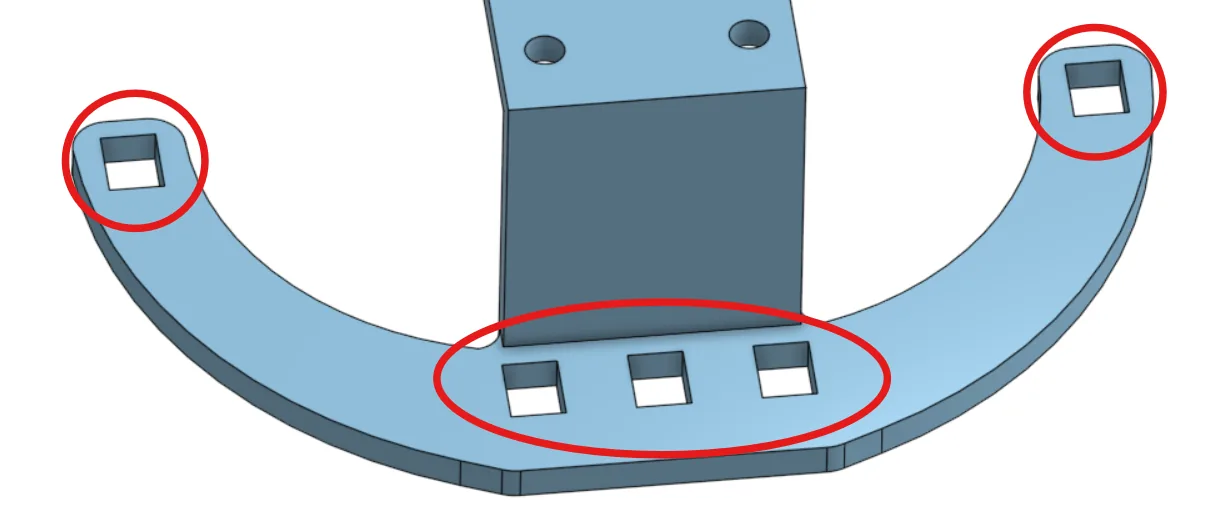 CAD render of the curved sensor mount with three center sensor slots circled in the middle and one outer sensor slot circled at each end