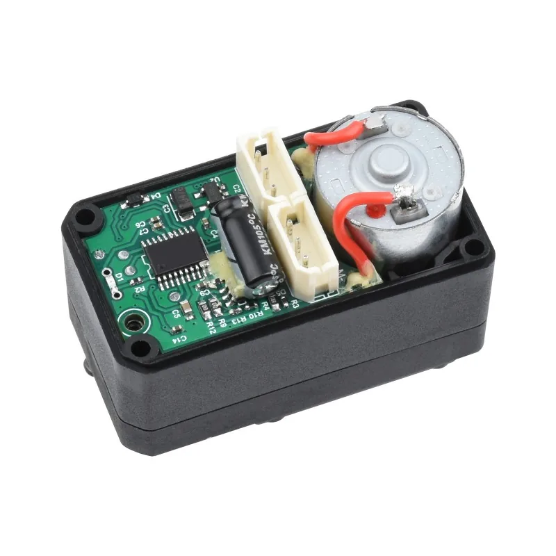 Cutaway of a V3 servo showing its control PCB, motor and gearbox inside the black housing