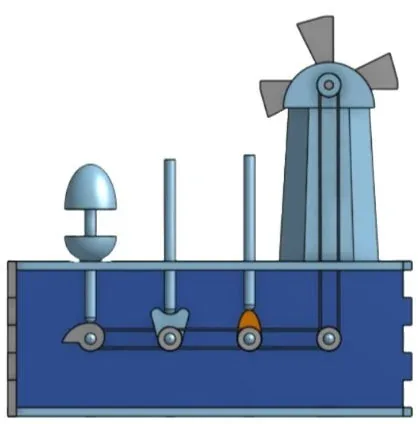 CAD section view of the box showing the belt running over four pulleys, offset cams on the shafts and the windmill and egg above the lid