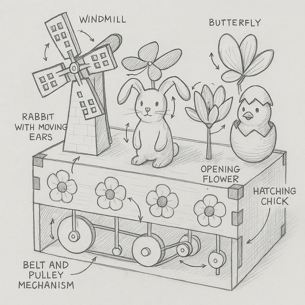Pencil concept sketch of the sculpture labelling the windmill, butterfly, rabbit with moving ears, opening flower, hatching chick and the belt and pulley mechanism inside the box