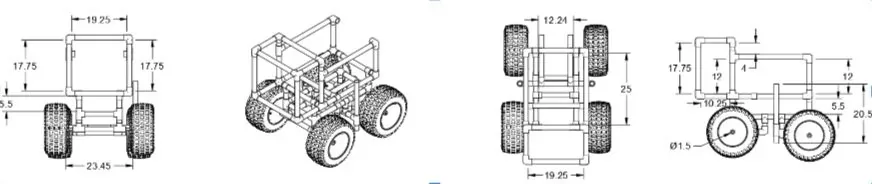 Four-view technical drawing of the wheelchair frame from Fusion 360: front, isometric, top and side views with dimensions in inches, including a 19.25 inch frame width, 23.45 inch track, 25 inch length and 17.75 inch seat height
